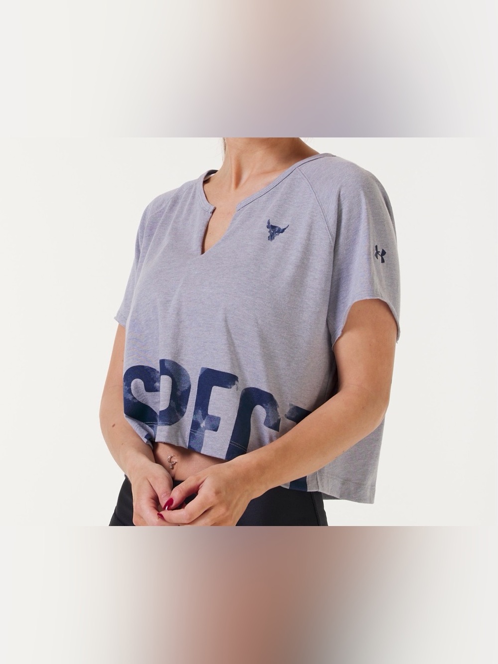 NWT Under Armour Light Gray Cropped Tee Navy RESPECT Graphic Project Rock sz Lg